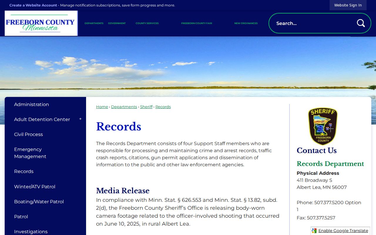 Freeborn County active warrant records sheriff records page