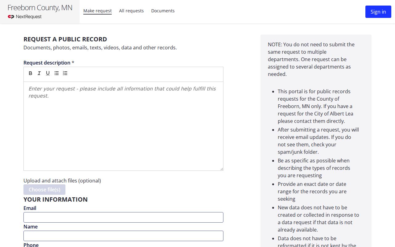 Freeborn County active warrant records public data request form