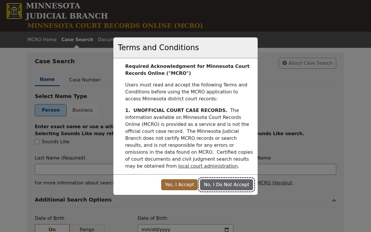 Freeborn County warrant records search screen for Minnesota Court Records Online